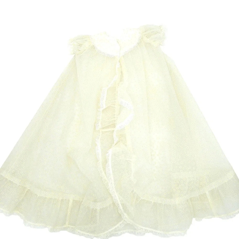 Vintage Baby Girl Sheer Yellow Daisy Floral Lace Ruffle Dressing Gown Robe 27